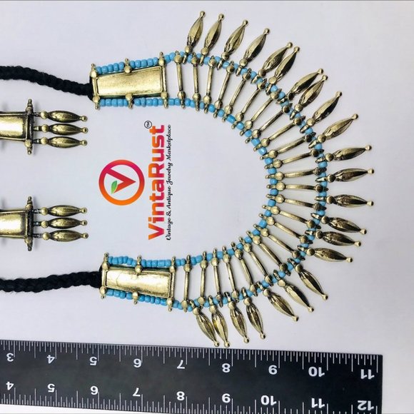 Afghan Ethnic Jewelry Set, Handmade Necklace With Earrings, Silver Metal Spikes - Picture 8 of 8